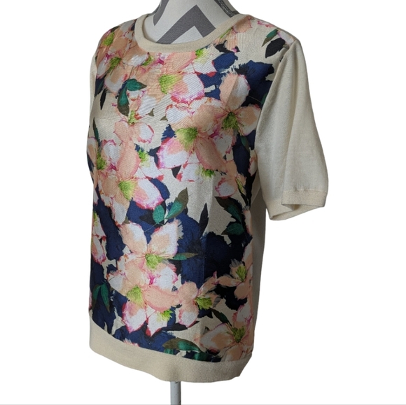 J.Crew Cove Floral Merino Wool Silk Short Sleeve Sweater Top Large Lightweight - Picture 7 of 8
